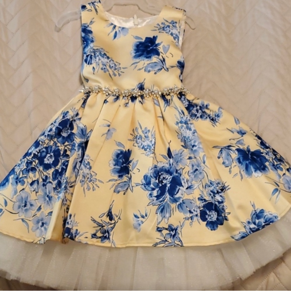 Formal Yellow with Blue Flowers Toddler Dress